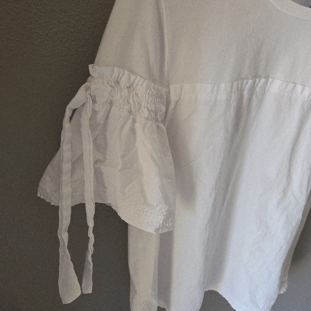 Banana Republic Cinch Tie-Sleeve Top White 100% Cotton S Feminine Romantic Boho - Picture 2 of 8